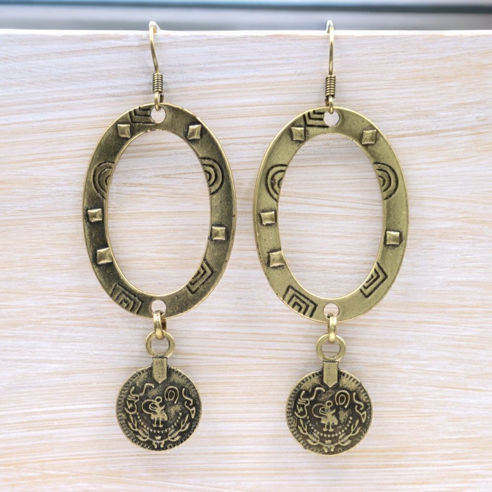 Antique Brass Oval Medallion Drop Earrings